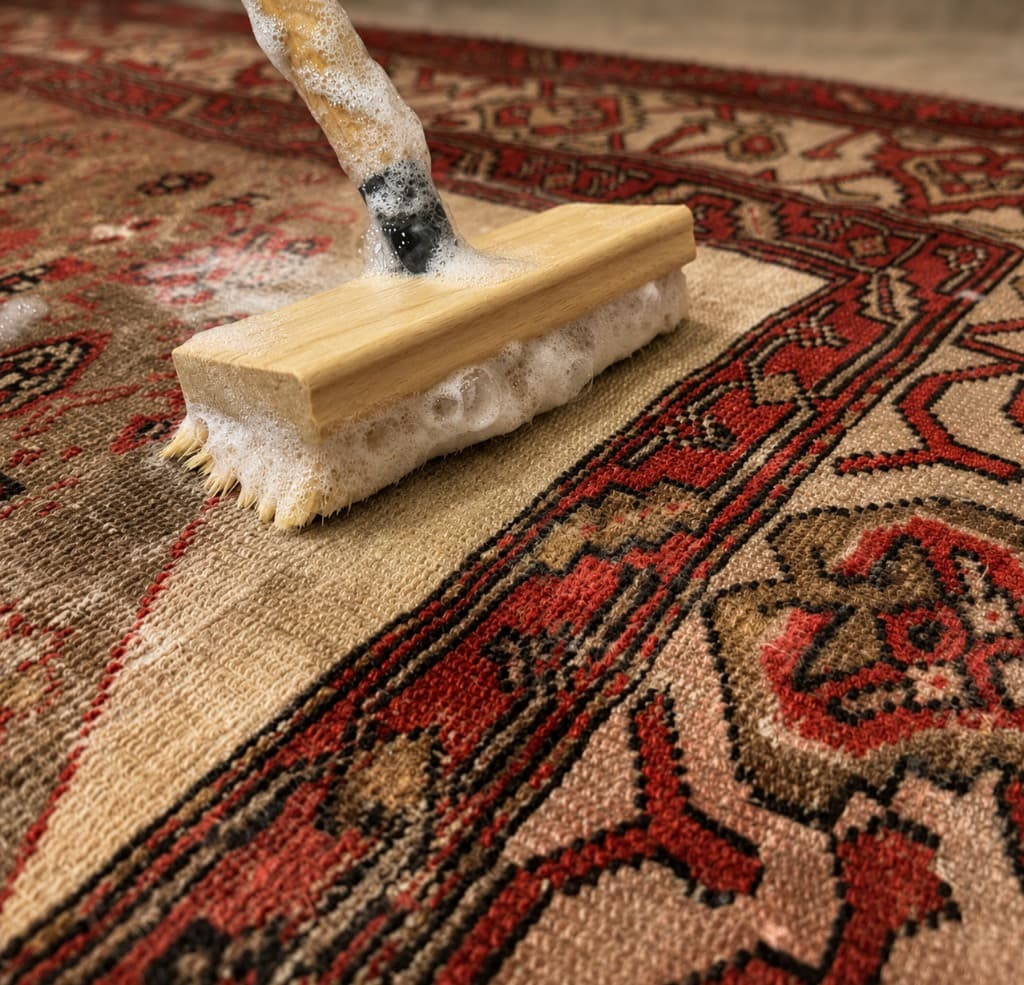 Hand scrubbing an oriental rug during professional cleaning
