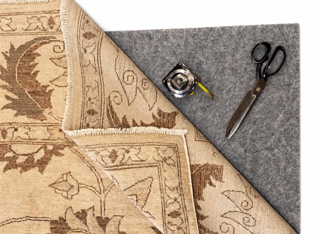 A rug corner turned back over a gray pad, with shears and a tape measure